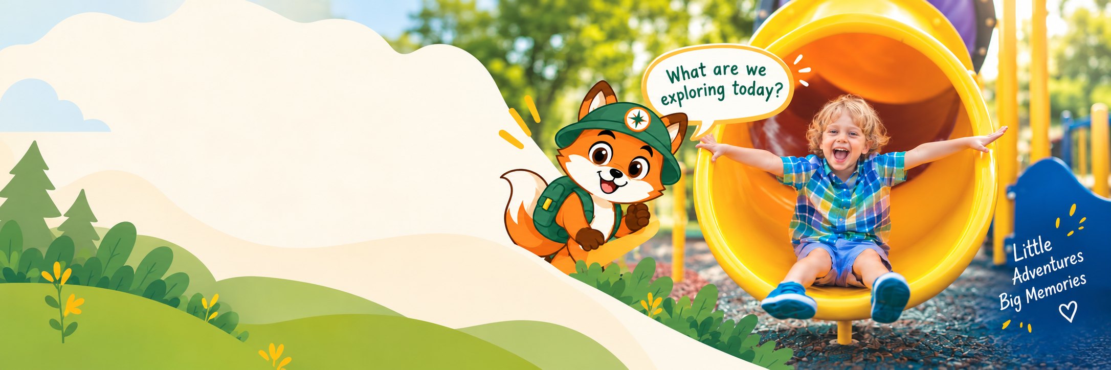 Scout the fox waving beside a child sliding down a playground tube slide